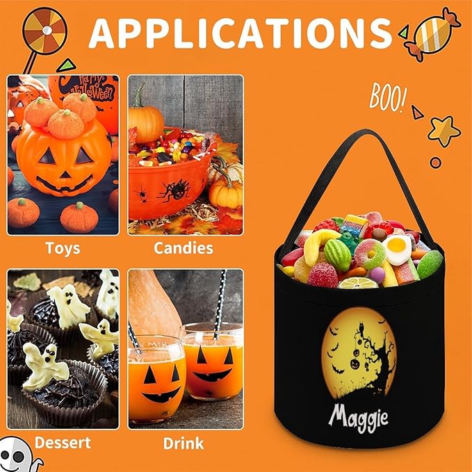 Personalized Halloween Trick or Treat Candy Bag with Name Custom Text Party Tote Bucket Halloween Candy Basket Gift (Bag-9)
