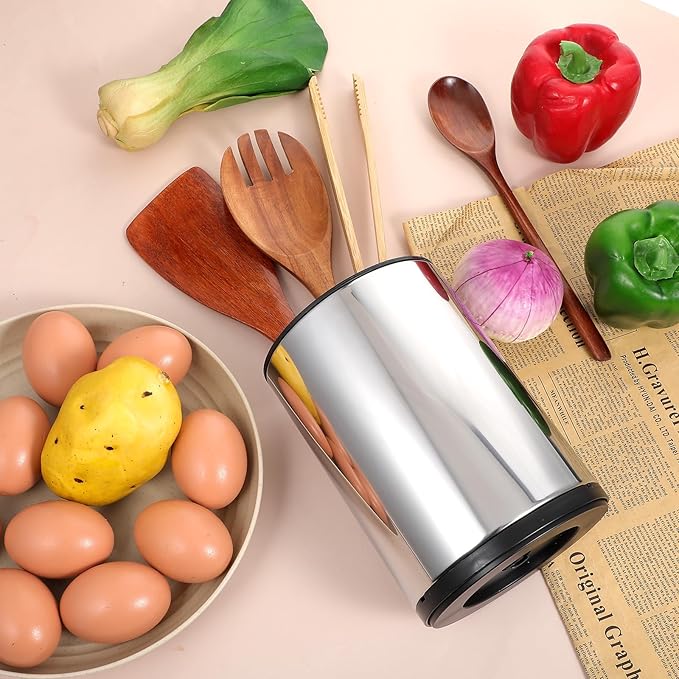2 Pack 360° Rotating Stainless Steel Utensil Holder for Countertop, 4-Compartment Kitchen Organizer with Non-Slip Base, Large Capacity Spoon Fork Knife Crock for Cooking Tools Storage