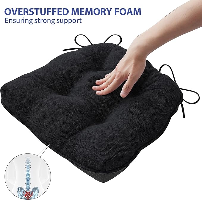 IPYNBAP Chair Cushions for Dining Chairs Set of 4, Kitchen Chair Cushions, Chair Pads with Ties and Non Slip Backing, Tufted Memory Foam Seat Cushion 4 Pack, 15.5" x 15.5" x 4", Black