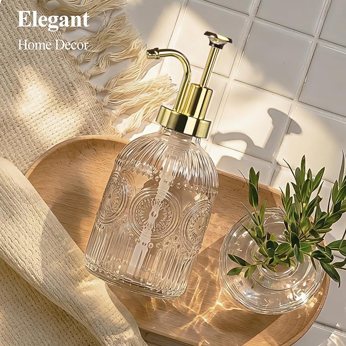 SheeChung 12Oz Vintage Glass Bathroom Soap Dispenser, Kitchen Dish Soap Dispenser with Pump, Refillable Liquid Hand Soap Bottle, Lotion, Antique Rustic Farmhouse Decor (Clear-Gold Pump, 2 Pack)