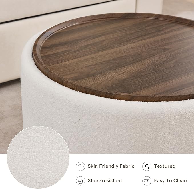 29.5 Inch Round Storage Ottoman Coffee Table,Modern Circle Coffee Table with Storage with Removable Lid Top and Solid Wood Legs,Large Round Ottoman for Bedroom,Living Room,Teddy Fleece,Beige
