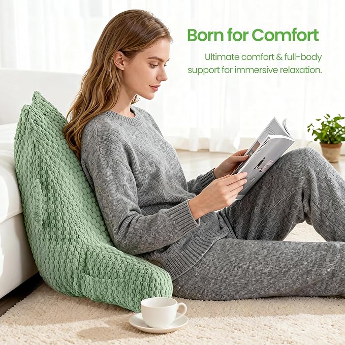 Reading Pillow for Bed Sitting Up, Backrest Pillow with Shredded Memory Foam Filling, Back Support Cushion, Bed Rest Pillow with Arms, Pockets and Washable Cover-Green