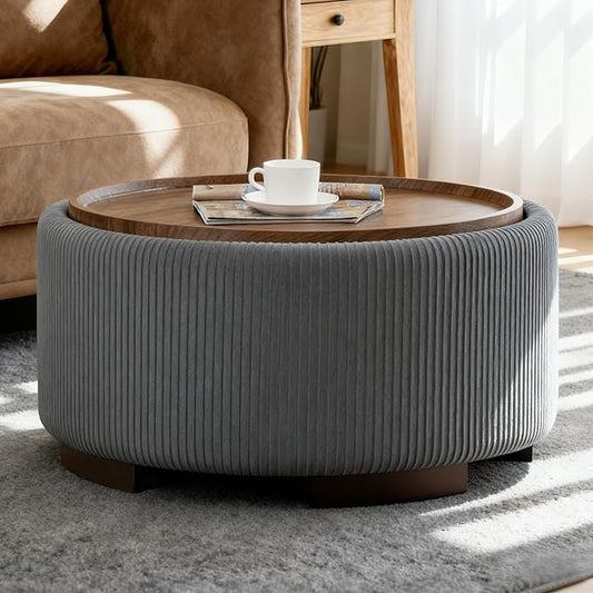 29.5 Inch Round Storage Ottoman Coffee Table,Modern Circle Coffee Table with Storage with Removable Lid Top and Solid Wood Legs,Large Round Ottoman for Bedroom,Living Room,Velvet,Grey
