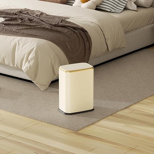Bathroom Trash Can with Lid, 8L/2.1 Gallon Beige Trash Can Small Garbage Can with Press Top Lid Slim Stainless Steel Garbage Can with 100 Counts Trash Bags for Bathroom Bedroom Kitchen Office Toilet