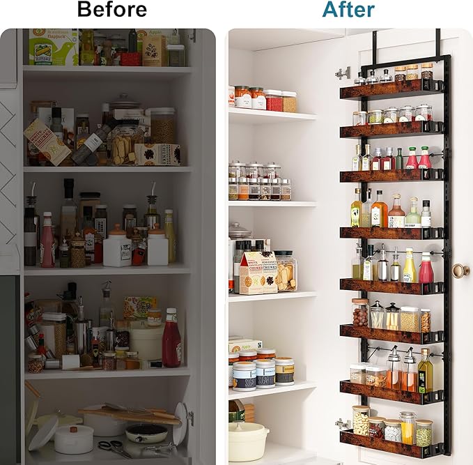 BUKFEN 8-Tier Over the Door Pantry Organizer, 2-in-1 Door Hanging or Wall Mounted Spice Rack, Heavy Duty Metal Storage Shelves with Adjustable Wooden Baskets for Kitchen Bathroom Closet