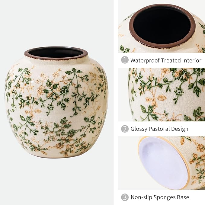 for Mom from Daughter or Son, Vintage Green Round Pastoral Ceramic Vase 6.7”, Ice Cracked Chinoiserie Floral Vase, Rustic Decor for Living Room, Bookshelf, Office, Table Centerpiece