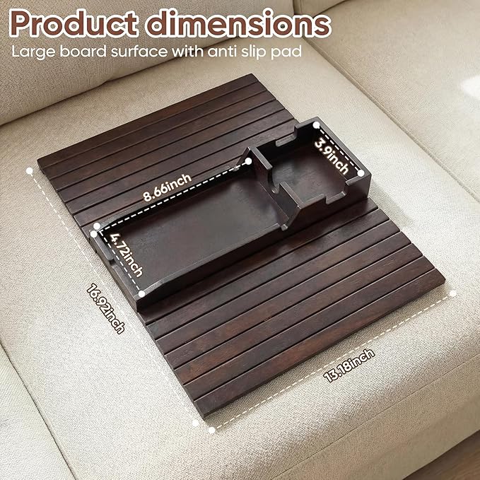 Bamboo Couch Arm Tray Table with Built-in Cup Holder, Foldable Anti-Slip Sofa Armrest Table for Drinks, Phone & Remote, Fits 4.7–16.9 in Armrests, Holds Cups up to 3.5 in Diameter (Brown)