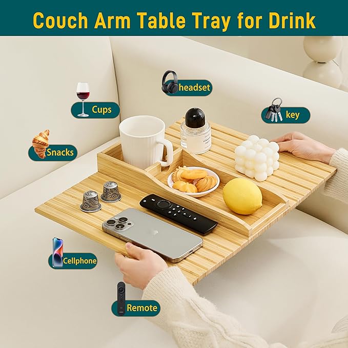 Bamboo Couch Cup Holder Arm Tray Table，Couch Drink Holder，Sofa Cup Holder Armrest Tray，Anti-Slip Foldable Arm Chair Table Tray Recliners for Drink,Cups, Snacks, Phone, Remote