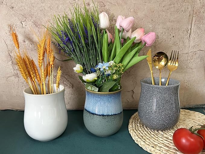 Short Kitchen Utensil Holder for Kitchen Counter, Ceramic Small Utensil Crock & Vase & Holder for Cutlery Spatula Brush Silverware Cooking Utensil Holder (Marble Grey)