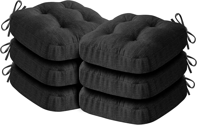 IASEAHK Chair Cushions for Dining Chairs, Dining Chair Cushions, Tufted Indoor Chair Pads with Ties & Non Slip Backing, Seat Cushions for Kitchen Chairs 16.5” x 16.5” x 3.5”, Set of 6, Black