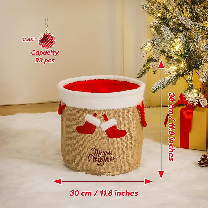 Christmas Bucket Xmas Buckets Jute Ornaments Storage Basket for Christmas Game Organizer Tin with Handles, Gift Basket Empty Decorative Kitchen Candy Bars for Xmas Winter Holidays Party Favors