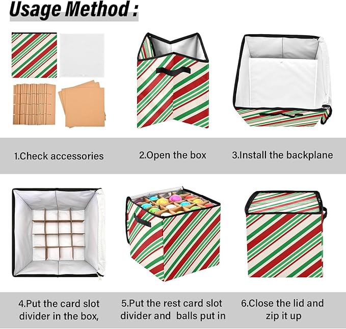 Candy Cane Christmas Ornament Storage Basket Box Green Red Stripe Winter Holiday Storage Container Cube with Adjustable Dividers for 64 Holiday Ornaments or Decorations Keeps Clean and Dry