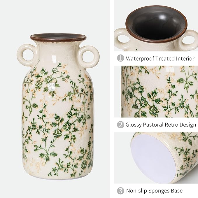 for Mom from Daughter or Son, Vintage Pastoral Ceramic Vase with Handles 9.1”, Green & Beige Chinoiserie Floral Vase, Rustic Farmhouse Decor for Living Room, Kitchen, Bedroom