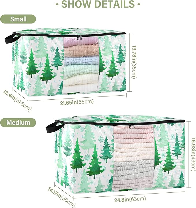 Burbuja Christmas Tree Clothes Storage Bag with Lids and Handle, 2 Pack Foldable Blanket Storage Container with Sturdy Zipper & Clear Window for Bedroom Closet, 60L