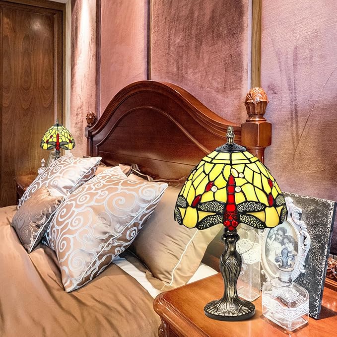 MIAOKE Stained Glass Table Lamp,Stained Glass Crystal Bead Style Table Light,Handmade Desk Bedside Night Light,Antique Art Craft Gifts Living Room Bedroom Bookcase(Pale White Dragonfly)