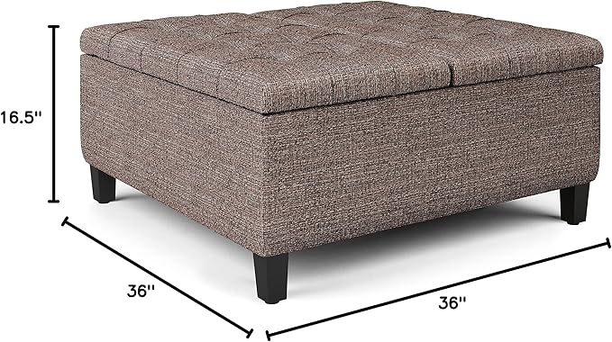 SIMPLIHOME Harrison Coffee Table Storage Ottoman - 36 inch Wide Upholstered Tweed Look Fabric Square Lift-Top Ottoman in Mink Brown, Transitional Ottoman for Living Room with Hidden Storage