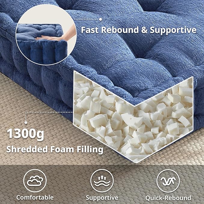 Intelligent Design Large Floor Pillow for Adults Yoga or Meditation Cushion with Handle, Floor Cushion for Board Games, Lustrous Chenille Tufted, Handsewn Scalloped Edge, Azza, 24" x 24" x 5" Navy