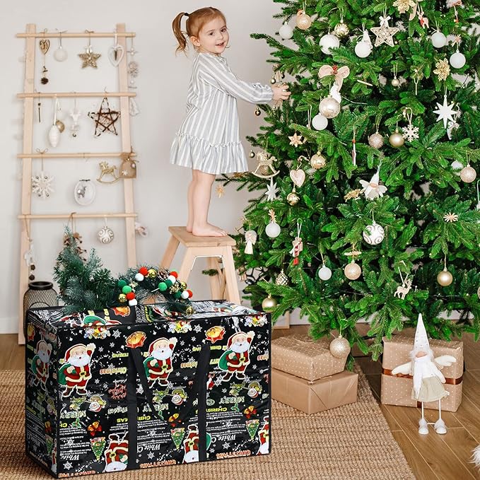 2 Pcs Christmas Ornament Storage Bags Christmas Tree Storage Bags 27 x 20 Inch Ornaments Bag with Zipper Xmas Heavy Duty Containers for Xmas Trees Baubles(Black,Santa Claus Style)