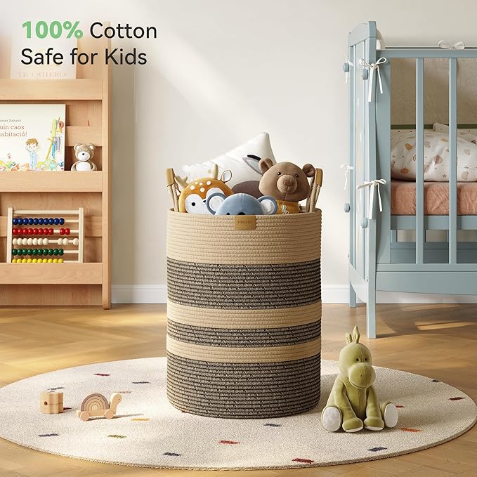 Nunsino 62L Striped Laundry Hamper with Leather Handles,Large Foldable Laundry Basket for Clothes,Cotton Rope Storage Bin for Blankets,Woven Clothes Basket for Bedroom,Dark Brown Stripes