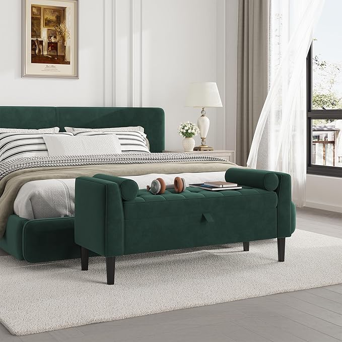 46.5" Storage Ottoman Bench – Upholstered End-of-Bed Storage Chest with Rolled Armrests & Wood Legs, Entryway Shoe Bench and Footrest Seat for Hallway, Bedroom & Living Room & Walk-in Closet (Green)