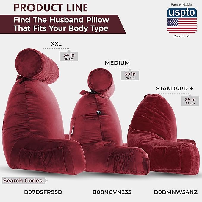 Husband Pillow XXL The Original for Adults - 30" Tall Backrest for Sitting Up in Bed - Firm Support Reading & Bed Rest Pillows for Adults, Neck Roll, Removable Cover - TV - Maroon