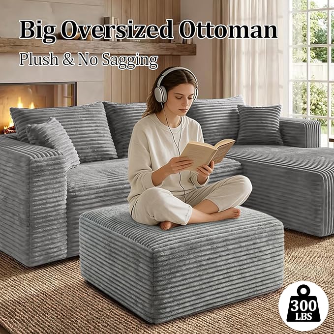 Corduroy Ottoman, Modern Boneless Cloud Foot Rest Foam Support, Oversized Modular Sectional Sofa Stool for Living Room, Bedroom & Small Spaces, No Assembly Required (Light Gray, Ottoman) | Foam Support, No Assembly Required, Living Room/Bedroom