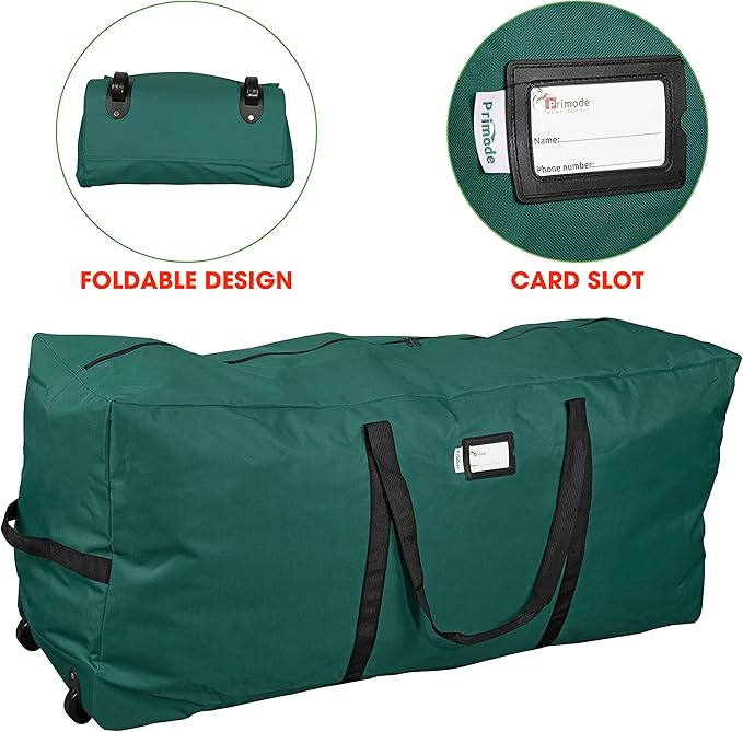 Primode Xmas Rolling Tree Storage Bag, Large Heavy Duty Storage Container, 22" Height X 16" Wide X 50" Long with 2 Wheels and Handles Fits Up to 7.5 Foot Tall Disassembled Holiday Tree (Green)