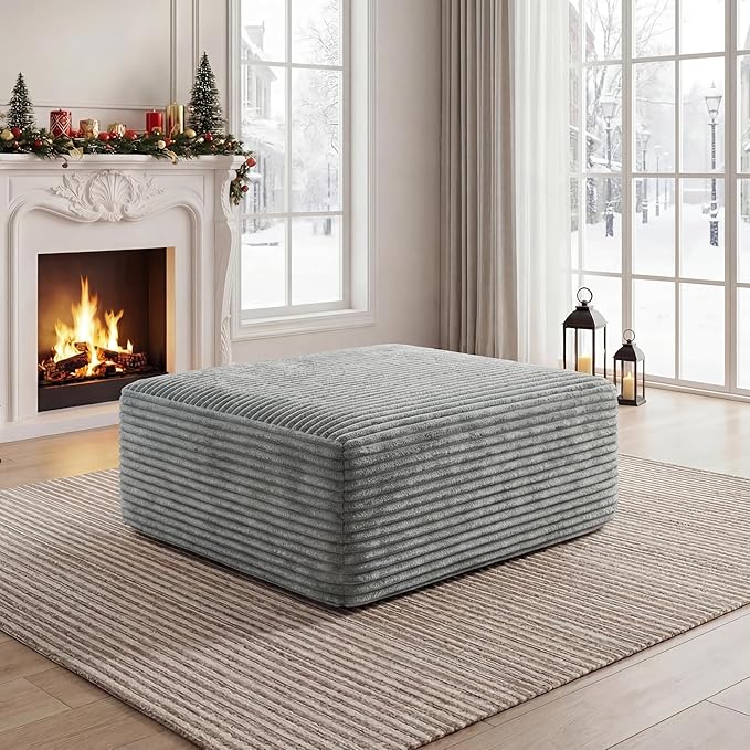 Corduroy Ottoman, Modern Boneless Cloud Foot Rest Foam Support, Oversized Modular Sectional Sofa Stool for Living Room, Bedroom & Small Spaces, No Assembly Required (Light Gray, Ottoman) | Foam Support, No Assembly Required, Living Room/Bedroom