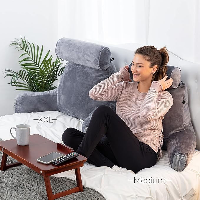 Husband Pillow Medium Reading Pillow with Arms - 23" Backrest for Sitting Up in Bed - Firm Support Bed Rest Pillow for Adults, Neck Roll, Removable Cover - TV, Reading, Lounging - Dark Grey