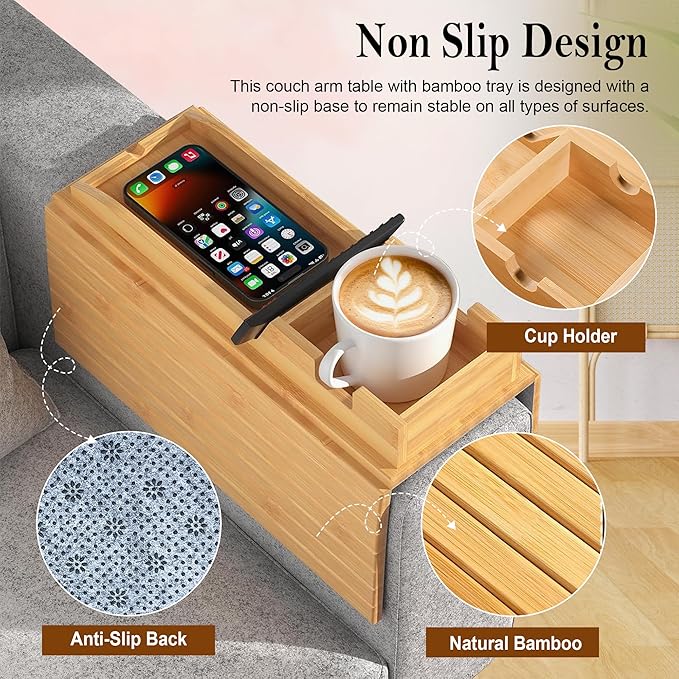 Adjustable 2-in-1 Sofa Cup Holder Tray (Fits 4.5” to 14” Arms) - Foldable Bamboo Couch Caddy with Cup Holder Drink Organizer - Detachable Armchair Caddy with Sofa Arm Tray for Phone Remote Snack.