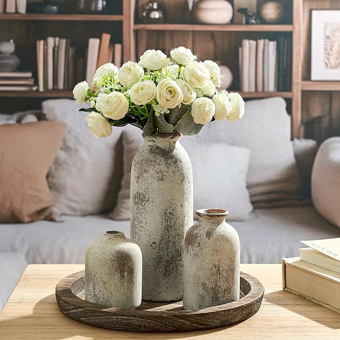 Ceramic Vase Set of 3, Decorative Terracotta Farmhouse Rustic Vases for Living Room Kitchen Bedroom Bathroom Entryway Mantel Table, Pottery Home Decor for Bouquet Pampas Grass Dried Fresh Flowers