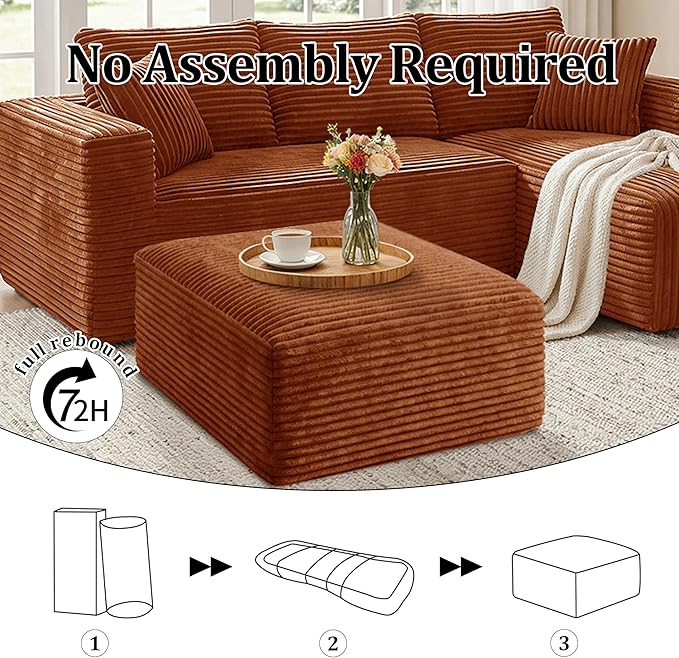 Corduroy Ottoman, Modern Boneless Cloud Foot Rest Foam Support, Oversized Modular Sectional Sofa Rectangel Stool for Living Room, Bedroom & Small Spaces, No Assembly Required (Orange, Ottoman)