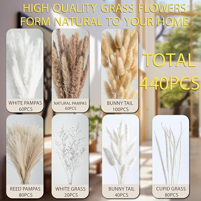 440PCS Natural Pampas Grass Decor Bouquet | Boho Dried Floral Arrangement Centerpiece Table Decor Wedding Decor Rustic Decor (440PCS)