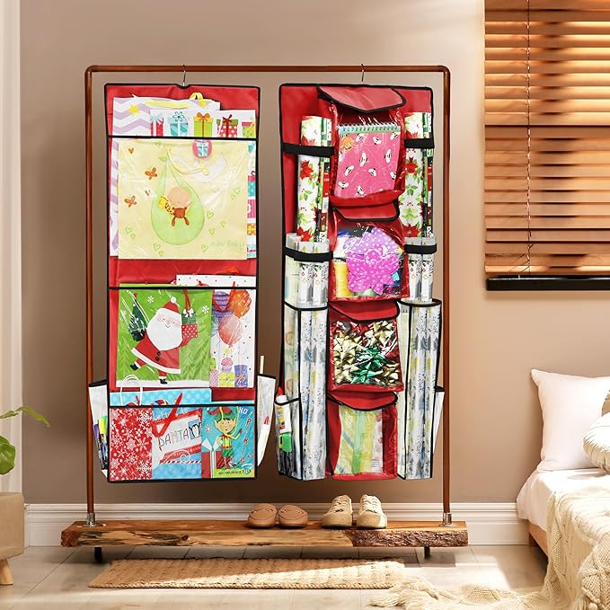 Simple Houseware Double-Sided Hanging Gift Wrap Organizer Storage Pockets, Red (Set of 1)