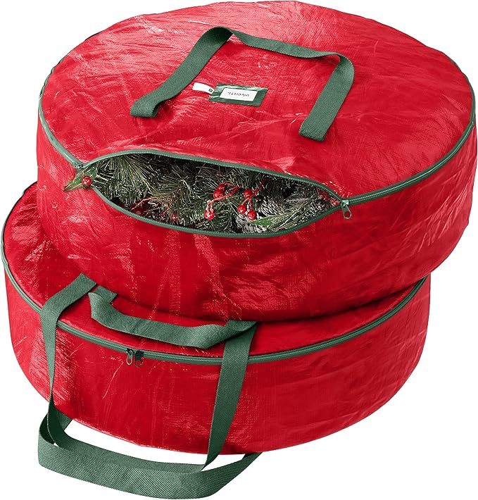 Heavy Duty Wreath Storage Bag 24 Inch, 2-Pack - Christmas Wreath Storage Container Red - Waterproof Plastic Material Wreaths Holder Storages - Holds 24 Inch Wreaths For Year Round