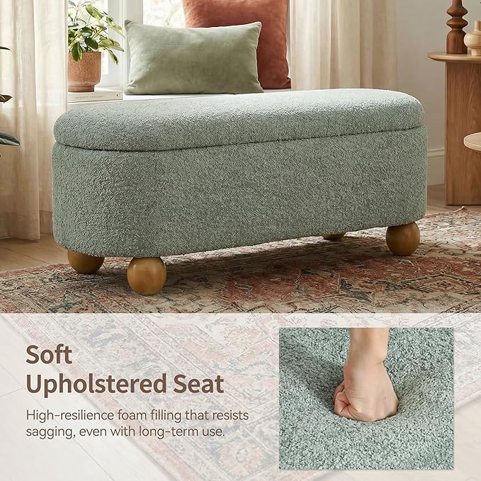 VKNOW 44.8" Storage Ottoman Bench End of Bed Bench, Thickened Upholstered Blanket Chest for Living Room, Entryway Bench with Cute Spherical Solid Wood Stool Legs for Bedroom, Light Green