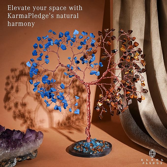 Handmade Healing Crystal Tree of Life Pink Tiger Eye and Turquoise Chakra Tree for Money, Good Luck, Feng Shui Home Decor, Living Room Office Deocration, Unique Birthday Gifts for Women, Men, Mom
