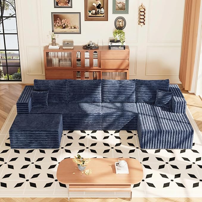 118" Modular Sectional Sofa, Boneless Compressed Sofa in a Box, U-Shaped Cloud Couch with Deep Seats & Chaise for Living Room, No Assembly Required (Blue, 118" U-Shape with Right Facing Chiase) | Boneless Compressed, Sofa in a Box, Cloud Couch, Deep Se...