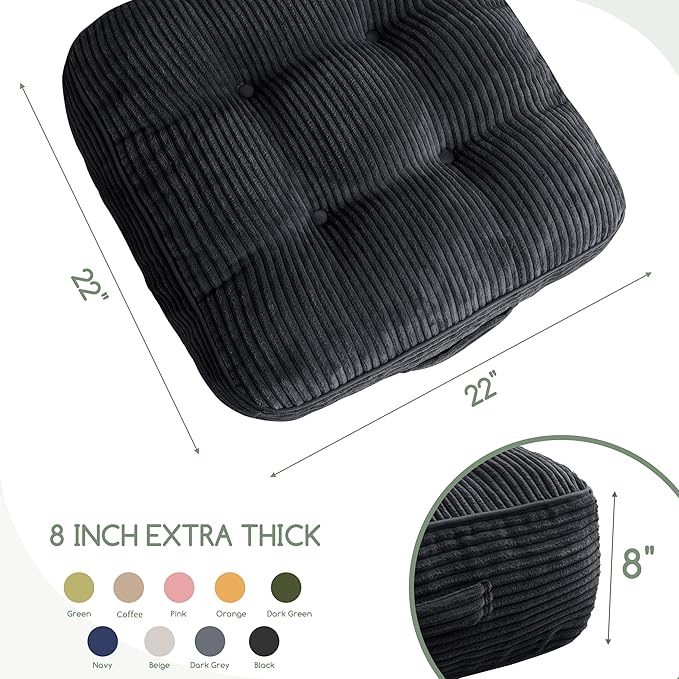 HIGOGOGO 8" Extra Thick Floor Pillow Cushion for Adults, Meditation Cushion Pillow, Large Square Floor Sitting, Tufted Corduroy Cover, for Tatami Living Room or Yoga, 22x22 Inch, Black
