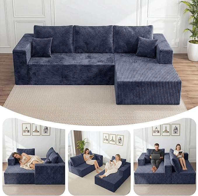 Modular Sectional Sofa, Boneless Compressed Sofa in a Box, L-Shaped Cloud Couch with Deep Seats & Chaise for Living Room, No Assembly Required (Blue, 92.5" L-Shape with Right Facing Chiase) | Boneless Compressed, Sofa in a Box, Cloud Couch, Deep Seats,...