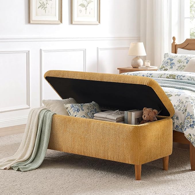 39.4”Ottoman with Storage Set of 2,Upholstered Comfy Storage Bench Ottoman with Wooden Legs,End of Bed Bench Footstool for Hallway Entryway Bedroom Living Room Corner Yellow