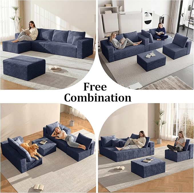 Modular Sectional Sofa, Boneless Compressed Sofa in a Box, U-Shaped Cloud Couch with Deep Seats & Chaise for Living Room, No Assembly Required (Blue, 118" U-Shape with Left Facing Chiase) | Boneless Compressed, Sofa in a Box, Cloud Couch, Deep Seats, N...
