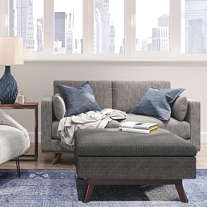 SIMPLIHOME Owen Coffee Table Storage Ottoman - 34" Wide x 19" High Upholstered Tweed Look Fabric Rectangular Lift-Top Ottoman in Ebony, Mid-Century Modern Bench for Living Room with Tapered Legs