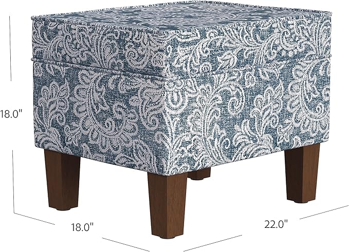 Homepop Home Decor |K7646-A879| Upholstered Modern Rectangular Storage Ottoman | Hinged Lid Ottoman with Storage for Living Room & Bedroom, Blue Denim Jacobean Print