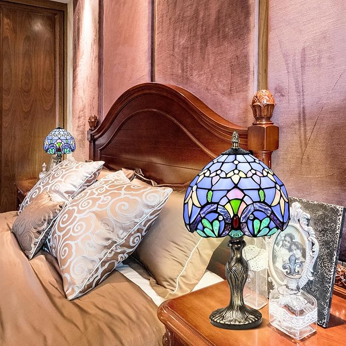 MIAOKE Stained Glass Table Lamp,Stained Glass Crystal Bead Style Table Light,Handmade Desk Bedside Night Light,Antique Art Craft Gifts Lover Living Room Bedroom Bookcase (Blue Baroque)