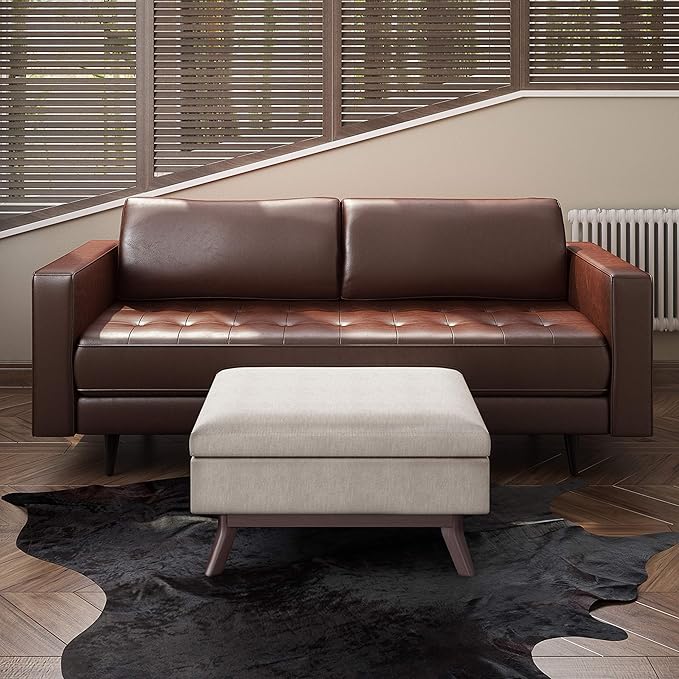 SIMPLIHOME Owen Coffee Table Storage Ottoman - 34" Wide x 19" High Upholstered Linen Look Fabric Rectangular Lift-Top Ottoman in Natural, Mid-Century Modern Bench for Living Room with Tapered Legs