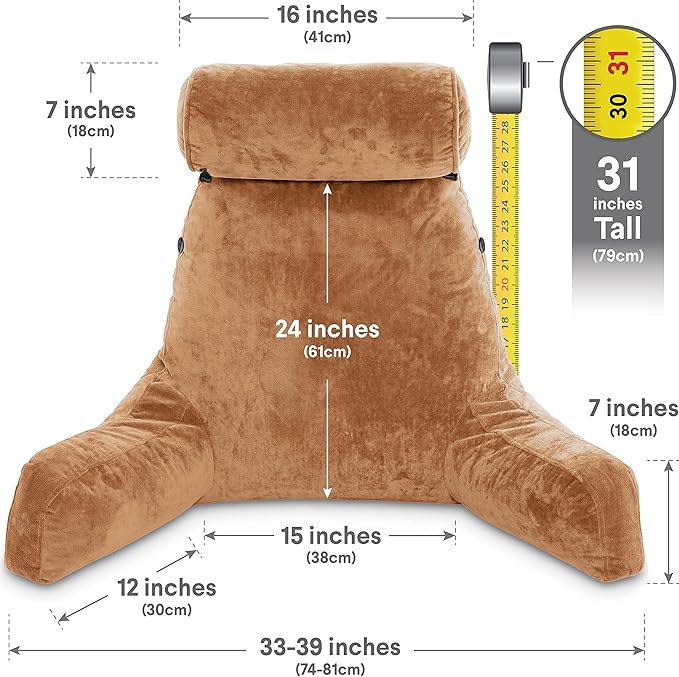 Husband Pillow XXL The Original for Adults - 30" Tall Backrest for Sitting Up in Bed - Firm Support Reading & Bed Rest Pillows for Adults, Neck Roll, Removable Cover - TV - Tan