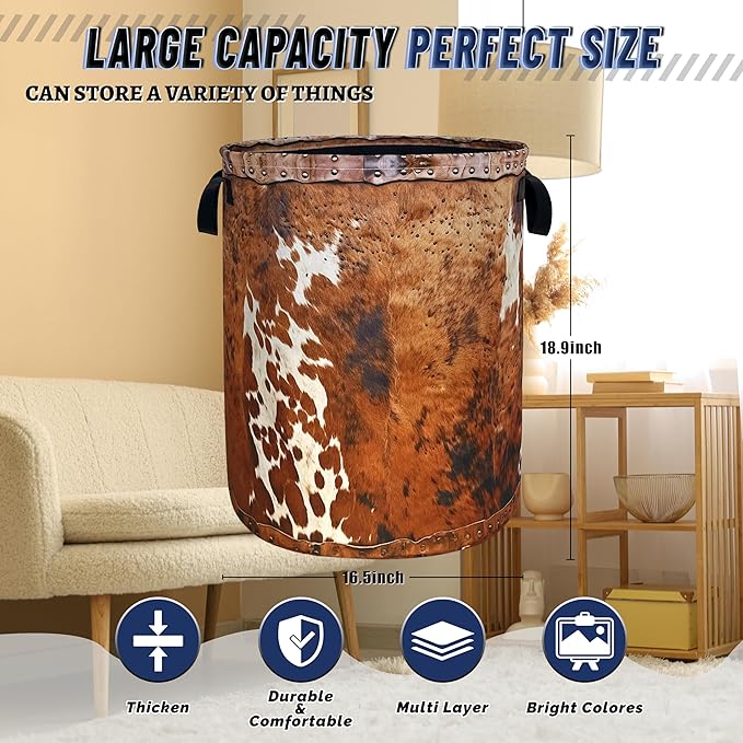 Vintage Brown Cow Skin Laundry Basket Foldable Funny Animal Print Laundry Hamper With Handle Oxford Cloth Portable Clothes Storage Basket Laundry Bag 18.9"x16.5" For Laundry Room/Bedroom/Bathrooms
