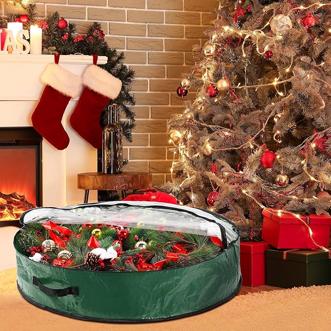 Aliceset 4 Pack Wreath Storage Containers, Ornament Garland Wreath Storage Bags with Handle Zipper Decorative Storages Box for Winter Valentine Wreaths(30 x 30 x 7.8 Inch,Green)