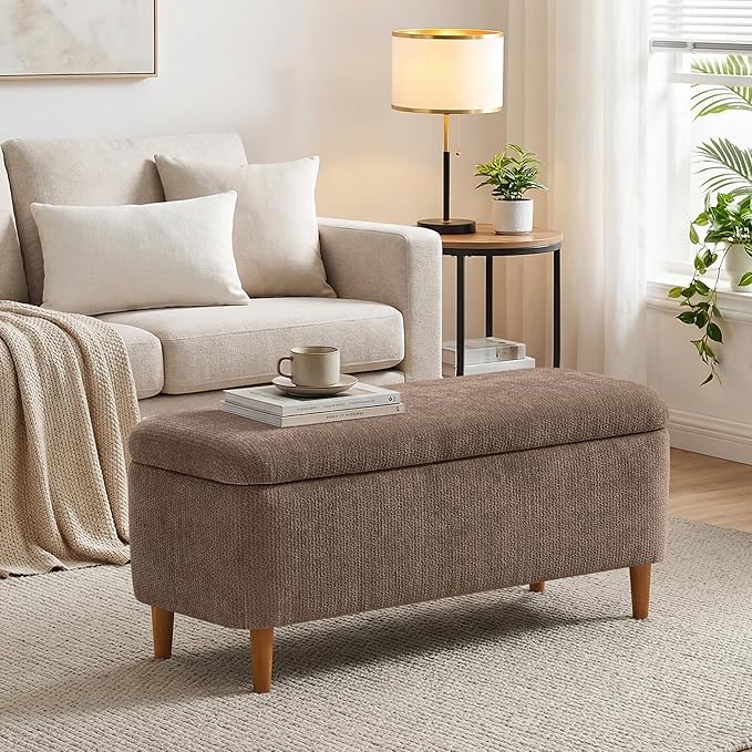 39.4”Ottoman with Storage,Upholstered Comfy Storage Bench Ottoman with Wooden Legs,End of Bed Bench Footstool for Hallway Entryway Bedroom Living Room Brown